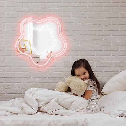 Flower Mirror Neon Sign Dimmable USB LED Neon Lights for Ideal Home Decor for Bedroom, Kidsroom, Living Room Parties, Christmas Birthdays Gifts for Girls Women, Boho Mirror Wall Sign Art Gift