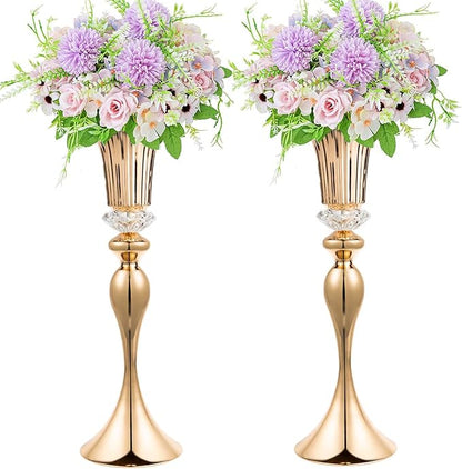 22in Gold Vases for Centerpieces, 2Pcs Metal Tall Trumpet Vases Wedding Reception Centerpieces, Crystal Flower Vase for Table Wedding Party Event Home Decor