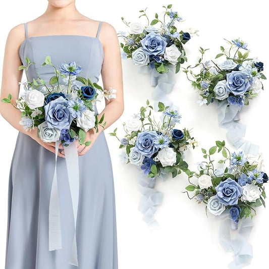 Ling's moment Artificial Flowers Dusty Blue Bridesmaid Bouquet Set of 4, Blue & Ivory Wedding Flowers Bouquets for Bridesmaids, 7 Inch Bridal Bouquets for Bridesmaids, Wedding, etc