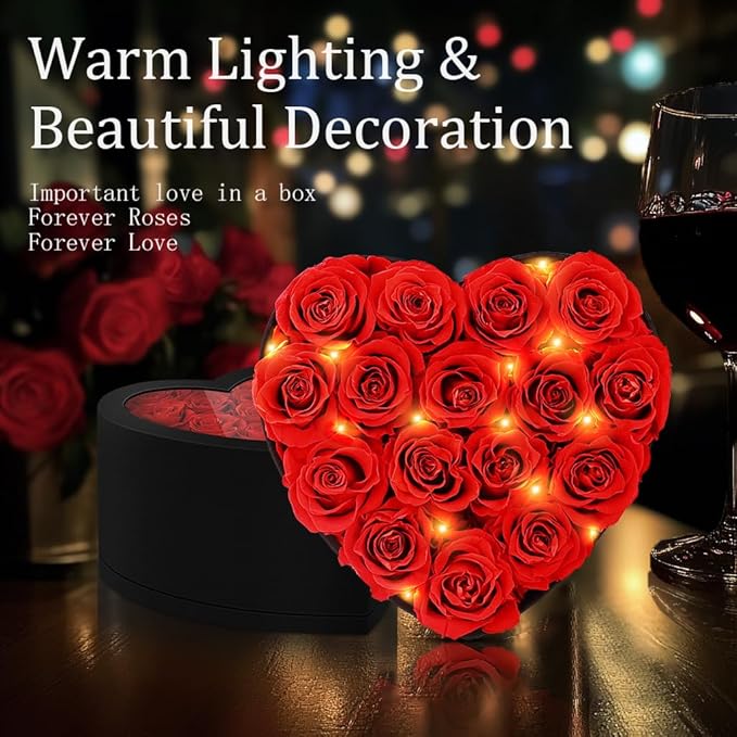 16 Forever Flowers, 9.2 inch Preserved Flowers in Heart Shape Box with Lights, Fresh Preserved Roses Gift for Her, Eternal Roses Gifts for Women Wife Birthday Mothers Day, Valentines Day Anniversary