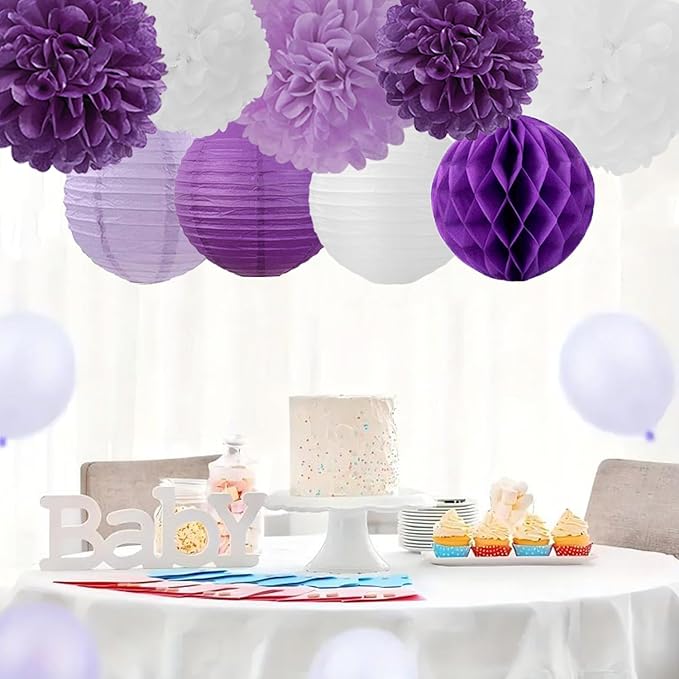 Purple White Paper Flowers Tissue Pom Poms Honeycomb Lanterns 15pcs Party Decorations for Birthday Lavender Baby Shower Wedding Mom Bridal Lilac Retirement Graduation Hanging Decor Mprocherify