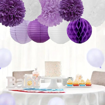 Purple White Paper Flowers Tissue Pom Poms Honeycomb Lanterns 15pcs Party Decorations for Birthday Lavender Baby Shower Wedding Mom Bridal Lilac Retirement Graduation Hanging Decor Mprocherify