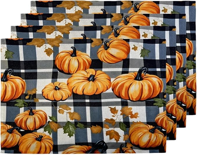Halloween Pumpkin Placemats Set of 6, Washable Linen Place Mats, Black Buffalo Plaid Table Mats for Kitchen Dining Table Decor Heat Resistant Tablemats 12x18