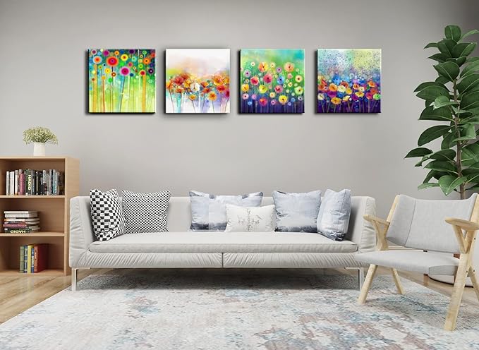 Abstract Floral Canvas Wall Art, Colorful Flowers Artwork Painting Prints Modern Watercolor Pictures Framed for Living Room Bedroom Bathroom Office Home Decor - 20"x20"x4 panel