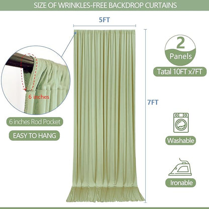 10x7ft Wrinkle Free Sage Green Backdrop Curtain for Parties Soft Fabric Drapes Wedding Curtain Backdrop for Birthday Party Decorations Background for Photography 5x7ft, 2 Panels