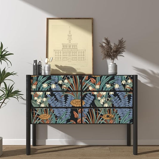 Boho Floral Peel and Stick Wallpaper Tropical Leaf Contact Paper,Vintage Botanical Flower Wall Paper, Self Adhesive Wall Mural 17.5" x 393" for Bedroom Cabinet Countertop Decor (Black, Orange, Blue)