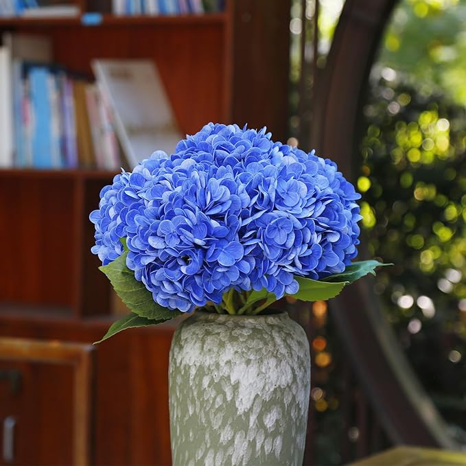 Fake Hydrangea Artificial Flowers with Stems 6 PCS 19.3" Latex Faux Hydrangea Flowers Bulk Real Touch for Vase Indoor Home Decoration Wedding Centerpieces Arrangements (Blue)