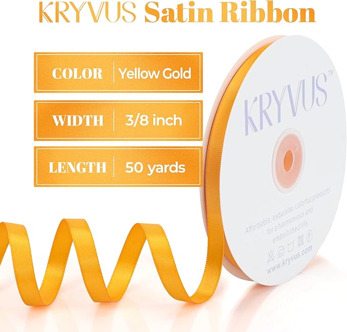 Yellow Gold Satin Ribbon, Double Faced 3/8 Inch X 50 Yards Yellow Gold Ribbon, Premium Satin Ribbon for Gift Wrapping, Crafts, Hair Bow Making, Sewing, Flower Bouquet, Wedding Party Decor