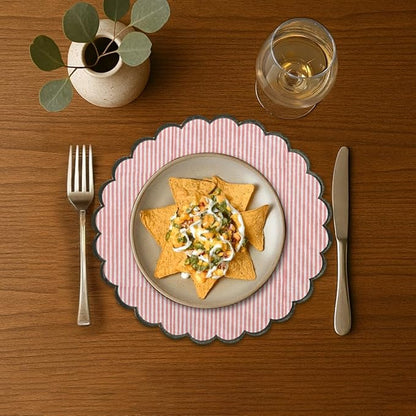 Ridhi Valentine Love Gift Round Pink Stripe Place Mat Double Layer Floral Cotton Washable Placemats 15" Embroidery Block Print Table Mat Pack of 4-15 Inch Heart