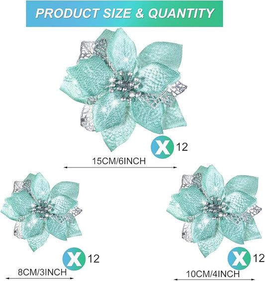 WILLBOND 36 Pieces Christmas Poinsettia Glitter Faux Flowers Christmas Artificial Flowers Tree Ornaments Topper Xmas Decorations(Blue-Green)
