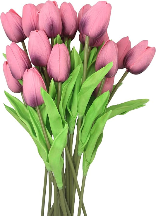 Artificial Flowers 10 Heads Mini Real Touch Artificial Tulip for Home Wedding Party Centerpiece Decoration (Dark Berry Pink)