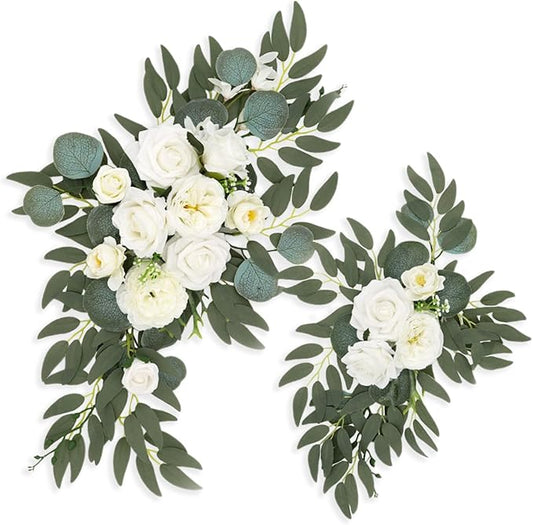White Wedding Arch Flowers, Faux Flower Swag Set of 2, White Floral Swag for Wedding Arch Welcome Signs, Reception Ceremony Signs Decor