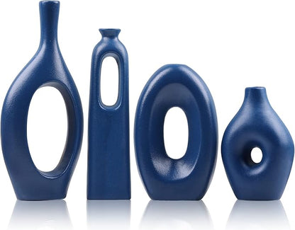Blue Ceramic Vase Set of 4 - Round Hollow Boho Vases for Pampas Grass and Flowers Decor, Modern Minimalist Small Vases for Living Room, Bedroom, Fireplace, Coffee Table Decor and Centerpieces