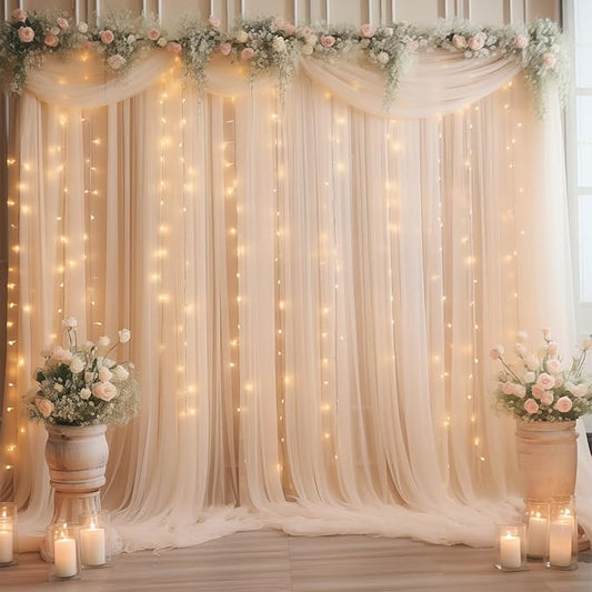 30ft x 10ft Champagne Tulle Backdrop Curtain with Lights String for Parties, Sheer Wedding Photo Backdrops Drapes for Baby Shower Birthday Party Decorations Background for Photography