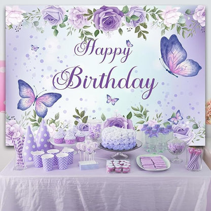 Purple Butterfly Birthday Banner Backdrop for Women Girl (59x36 inch) Purple Happy Birthday Decorations Banner for Women Rose Flowers Butterfly Backdrop Decortions for Girl