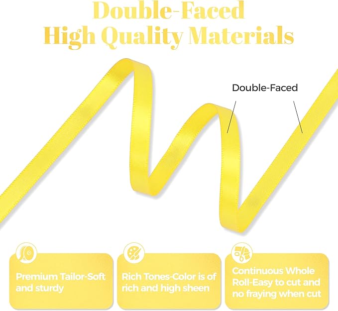 Daffodil Yellow Satin Ribbon, Double Faced 1/4 Inch X 50 Yards Daffodil Ribbon, Premium Satin Ribbon for Gift Wrapping, Crafts, Hair Bow Making, Sewing, Flower Bouquet, Wedding Party Decor