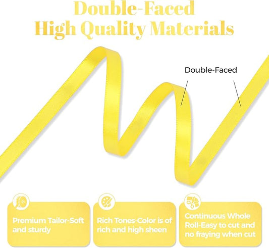 Daffodil Yellow Satin Ribbon, Double Faced 1/4 Inch X 25 Yards Daffodil Ribbon, Premium Satin Ribbon for Gift Wrapping, Crafts, Hair Bow Making, Sewing, Flower Bouquet, Wedding Party Decor