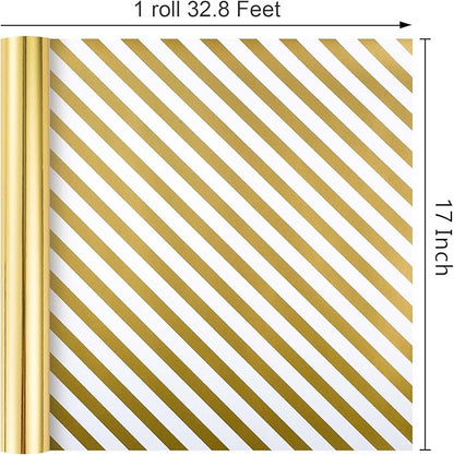Merture Reversible Gold Wrapping Paper Roll - 17 In X 32.8 Ft(46.5 sq.ft.) Metallic Gold and Stripe Design Gift Wrap for Christmas, Wedding, Birthday, Valentines Day, Mothers Day, Baby Shower