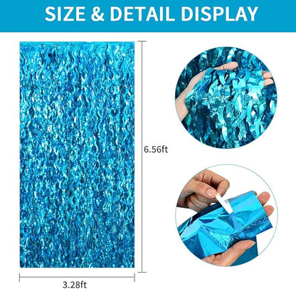 TONIFUL 3Pcs Wavy Metallic Tinsel Foil Fringe Curtains Teal Blue Streamer Backdrop for Photo Booth Props,Party Door Wall Curtains,Bachelorette,Underwater World Birthday Party Decor (9.9ft x 6.6ft)