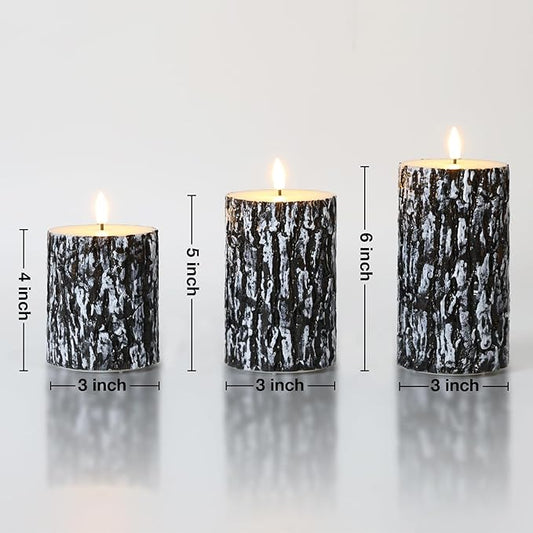 Eywamage Bark Flameless Pillar Candles with Remote, Farmhouse Wood LED Candles Battery Operated Flickering Christmas Decor Set of 3