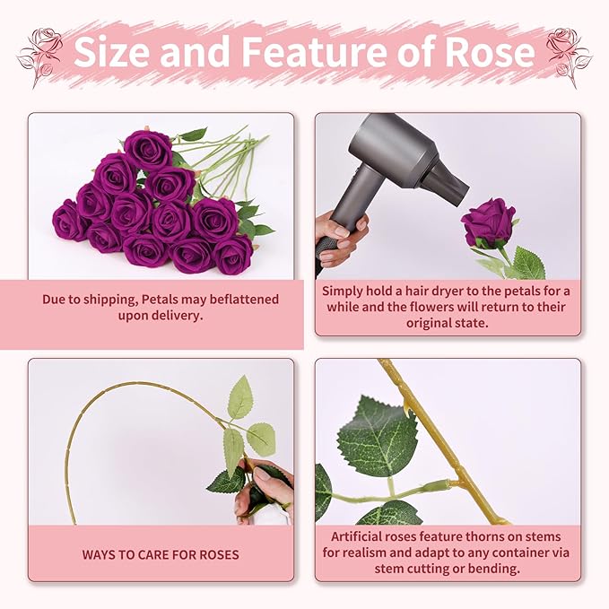 102 PCS Purple Roses Artificial Flowers, Fake Purple Roses, Purple Artificial Roses with Stems for Wedding Flowers Decoration, Valentines Roses, Wedding Decoration