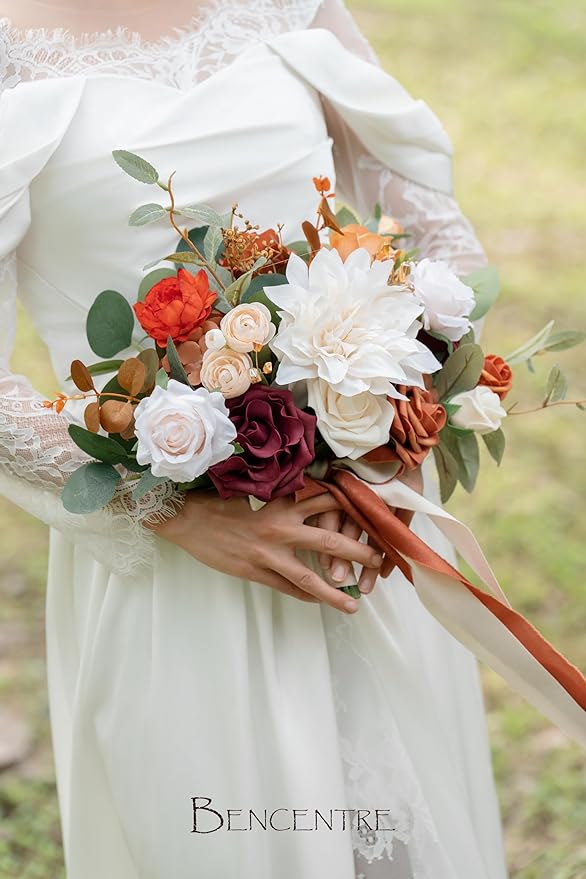 10 Inch Terracotta Bridal Bouquet,Burnt Orange Wedding Bouquet,Bride Bouquets for Wedding Ceremony Anniversary, Party and French Rustic Vintage,Artificial Flowers