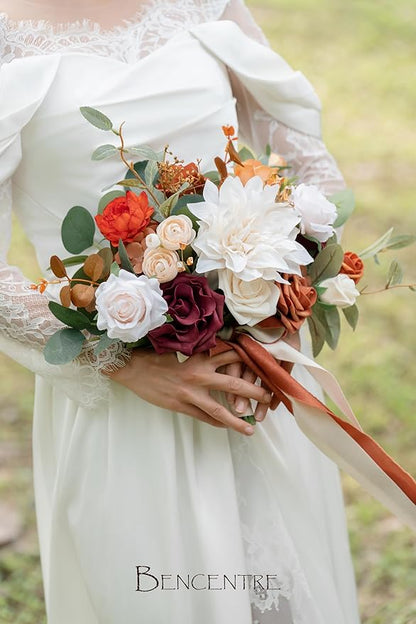 10 Inch Terracotta Bridal Bouquet,Burnt Orange Wedding Bouquet,Bride Bouquets for Wedding Ceremony Anniversary, Party and French Rustic Vintage,Artificial Flowers