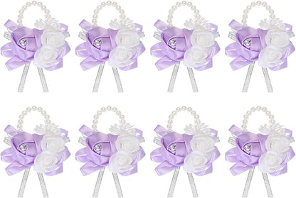 MECCANIXITY 8Pcs Wrist Corsage Artificial Flower Bracelets Rose Wrist Bride Groom Decorative for Wedding Ceremony Prom Party Anniversary Light Purple