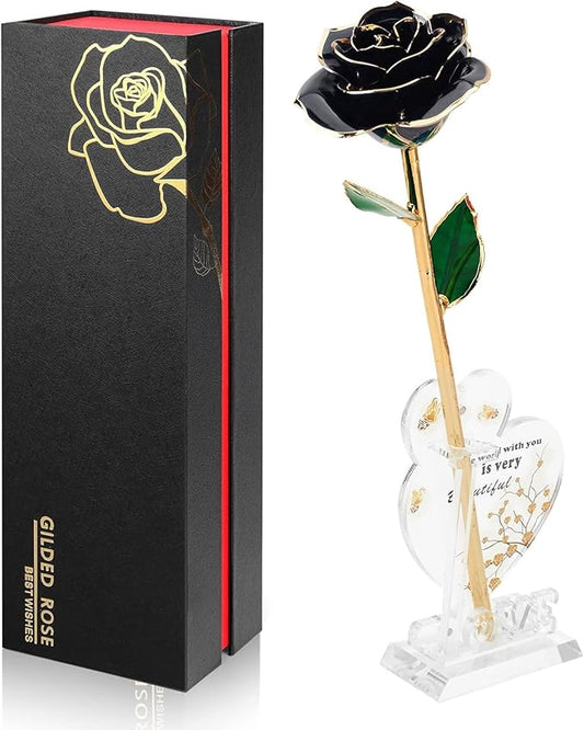Gold Dipped Infinity Rose Last Forever Flower Decor, Birthday Gift for Women in Her Birthday Mothers Day, Resin Preserved Rose | Anniversary Present for Mom (Black)