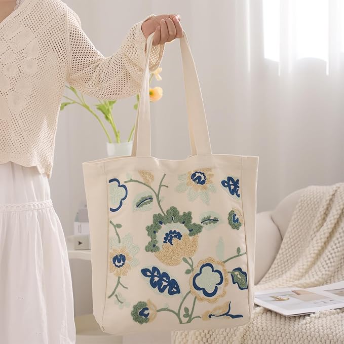 Aesthetic Embroidery Tote Bag for Lady Cute Reusable Canvas Shoulder Bag for Girls Women Shopping Grocery