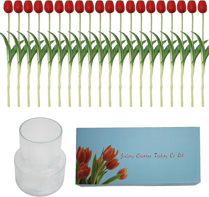 20 Artificial Tulips in Fluted Glass Vase, Waterproof Faux Flowers Bouquet for Wedding Home Office Decor, Table Centerpiece, Housewarming Birthday Gift Set (Red)