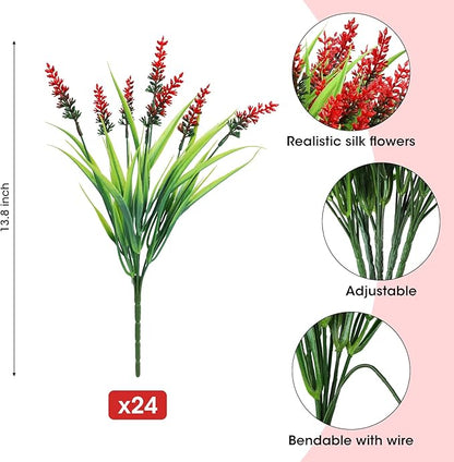Ouddy Decor 24 Bundles Artificial Flowers for Outdoors, Fake Lavender Flowers Monkey Grass Faux Plastic Plants Shrubs UV Resistant for Porch Garden Window Box Office Home Decorations, Red