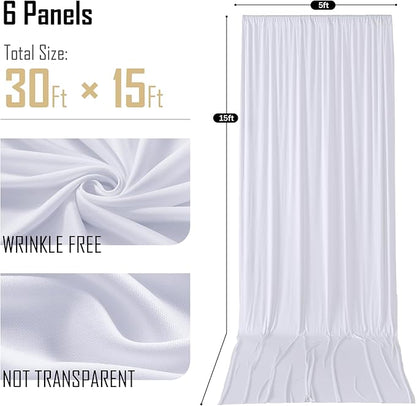 gogoparti 30x15 ft White Backdrop Curtain for Weddings & Parties - 6-Panel Wrinkle-Free Polyester Drape, 15 FT Long for Birthday, Baby Shower, Halloween Photography Background