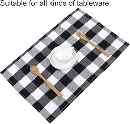 Aneco 6 Pack Buffalo Plaid Placemats Place Mats PVC Plastic Check Black and White Placemat Table Mats 12 x 18 Inches Decorative Kitchen Table Placemats, Black and White