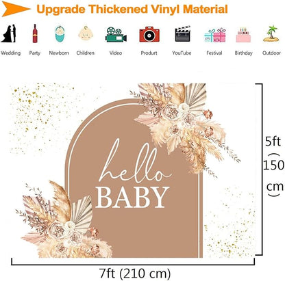 InMemory Boho Baby Shower Backdrop Banner Decorations for Girl Bohemian Arch Hello Oh Baby Backdrops Sign Photography Background for Girls Pampas Floral Baby Shower Party Decor Photo Booth Props 7x5ft
