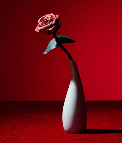 Handcrafted Genuine Leather Rose with Stem, Laser Silver Foil Gift Box Presentation, Lifelike Artisan Flower for 3rd Wedding Anniversary, Vase Included (Red, Deluxe)