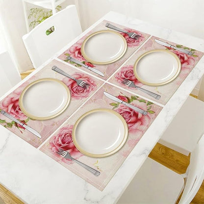 Pink Flower Placemats Set of 4, 17x12 Inch Romantic Watercolor Floral Rose Print Table Mats for Home Party Kitchen Dining Decor