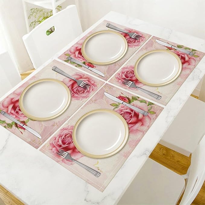 Pink Flower Placemats Set of 8, 17x12 Inch Romantic Watercolor Floral Rose Print Table Mats for Home Party Kitchen Dining Decor