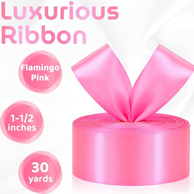 Flamingo Pink Ribbon 1-1/2 Inch 30 Yards Single Face Satin Ribbon for Flower Bouquet, Fabric Ribbon for Gift Wrapping Crafts Hair Accessories Sewing Wedding Christmas