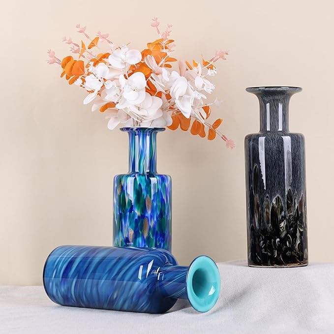 Hand-Blown Glass vase, Modern Art Glass Cylindrical vase, Gray Glass Decorative vase, Ideal for Living Room Dining Table centerpieces, TV Console, Office, or Console Table Accents.