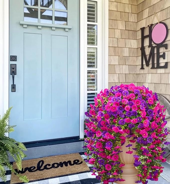 4PCS Artificial Hanging Flowers for Outdoor Decor UV Resistant Fake Morning Glory Realistic Silk Spring Summer Hanging Plants for Porch Patio Balcony Yard (Double Purple)
