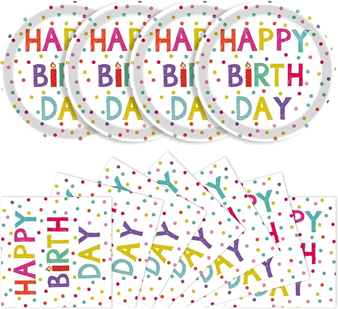 40 Pcs Birthday Plates & Napkins Party Supplies, Disposable Happy Birthday Dots Design Tableware Set for 20 Guests