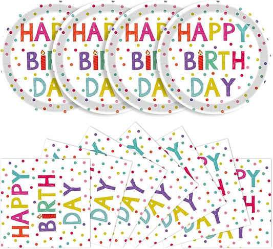 40 Pcs Birthday Plates & Napkins Party Supplies, Disposable Happy Birthday Dots Design Tableware Set for 20 Guests