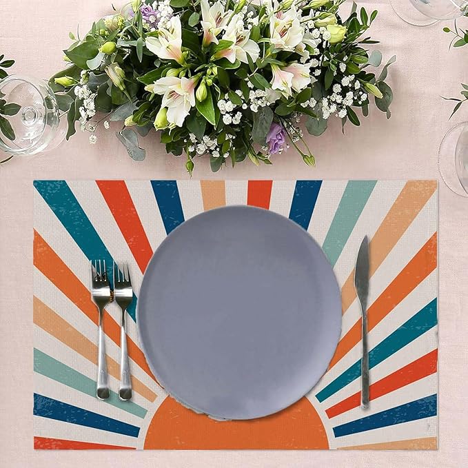 Placemats Set of 4 Retro Colourful Sunrise Place Mats Washable Table Dinner Mats Linen Table Mats for Kitchen Dining Party Home Kitchen Decor 12x18 Inch