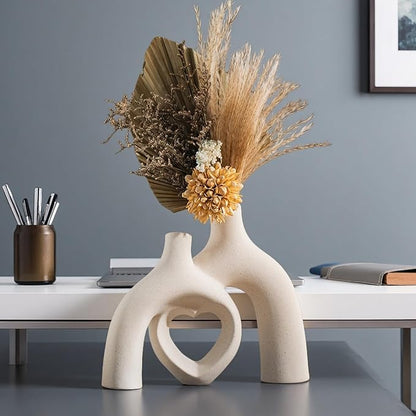 Snuggle Hollow Ceramic Decorative Vase, Modern Minimalist Nordic Boho Ins Style Vases for Home Decor Living Room Shelf Entryway Coffee Table or Console Décor (Matte Milky White)