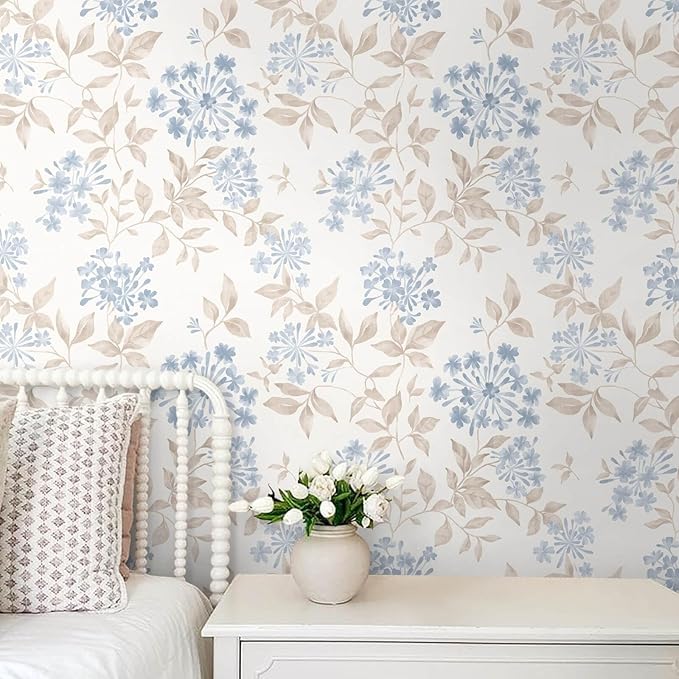 Heroad 17.3''x32.8ft Boho Floral Wallpaper Blue/Beige Peel and Stick Wallpaper Neutral Leaf Contact Paper Removable Self Adhesive Wall Paper for Cabinet Bedroom Bathroom Waterproof Decor Vinyl Roll