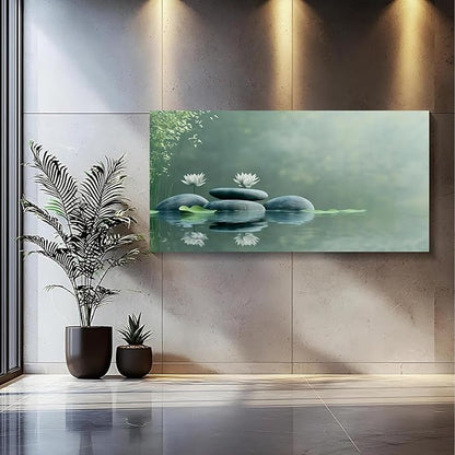 Iallbin Zen Stone Wall Art & Zen Wall Decor, Tranquil misty pond two white lotus flowers -for Yoga Meditation Room, Spa & Bathroom, Green Serenity Art Deco Style, Ready to Hang, 58x29 Inches
