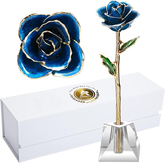 AliveRose 24k Gold Rose in Dipped,24k Gold Real Rose Gift for her, Long Stem Rose Made from Real Gold Rose for Anniversary Valentines Mothers Day Birthday (Deep Blue with Crystal Vase)
