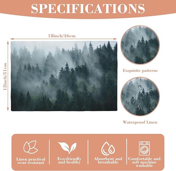 Placemats Set of 4 Retro Misty Forest Dining Place Mats Linen Table Mat for Farmhouse Home Kitchen Decor 12 X 18 Inch