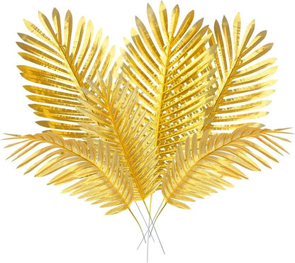 CCINEE 12 PCS Golden Artificial Palm Leaves, Assorted Sizes Faux Large Palm Fronds Fake Tropical Plant Simulation Safari Leaves with Stems for Home Hawaiian Luau Party Jungle Beach Theme Party